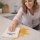 Woman cleaning spill with Clearwater Super Absorbent Dish Cloths.