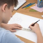 Teen boy sketching architecture with a Minai Wheat Straw Ruler 30Cm at his desk.