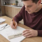 Man using a Minai Wheat Straw Rulers 15Cm to draw geometric shapes at his kitchen table.