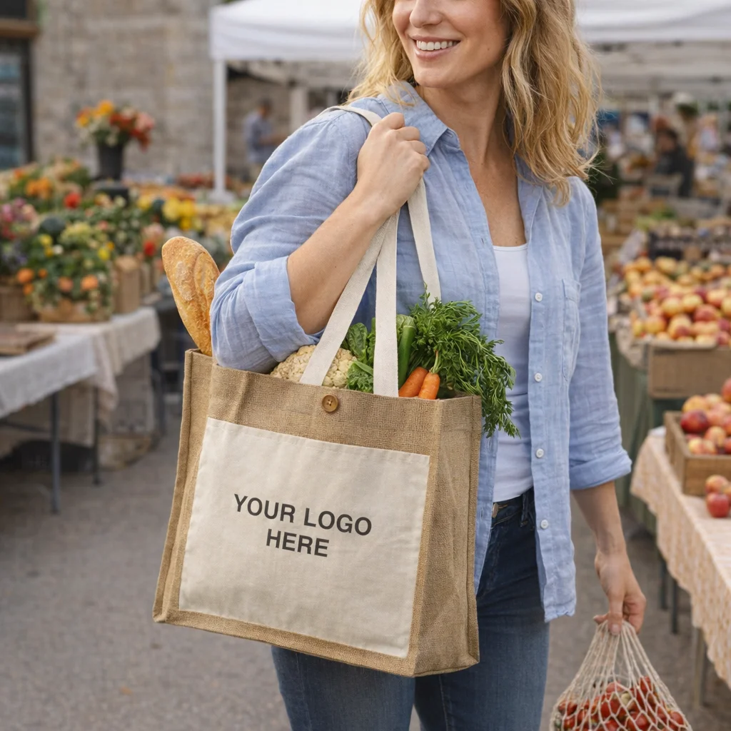 Smiling woman at market holding Jute Tote Bags With Long Handles featuring Your Logo Here.