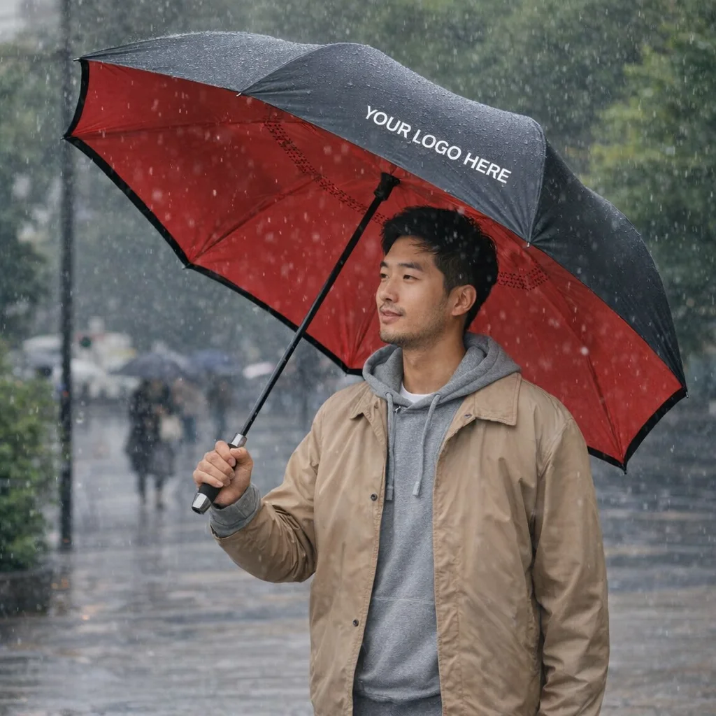 Man holding a Clovis Twin Layer Classic Umbrella with YOUR LOGO HERE, standing in the rain.