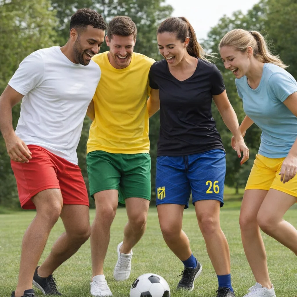 Four adults play soccer on grass wearing Women's Soccer Shorts, smiling around the ball.