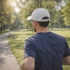 Man in blue shirt and Rift Heavy Brushed Cotton Cap jogging on a sunlit park path.