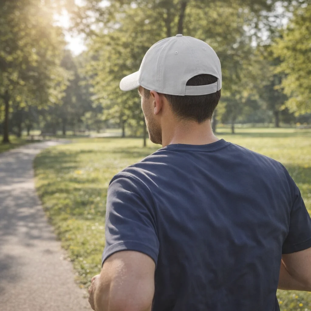 Man in blue shirt and Rift Heavy Brushed Cotton Cap jogging on a sunlit park path.