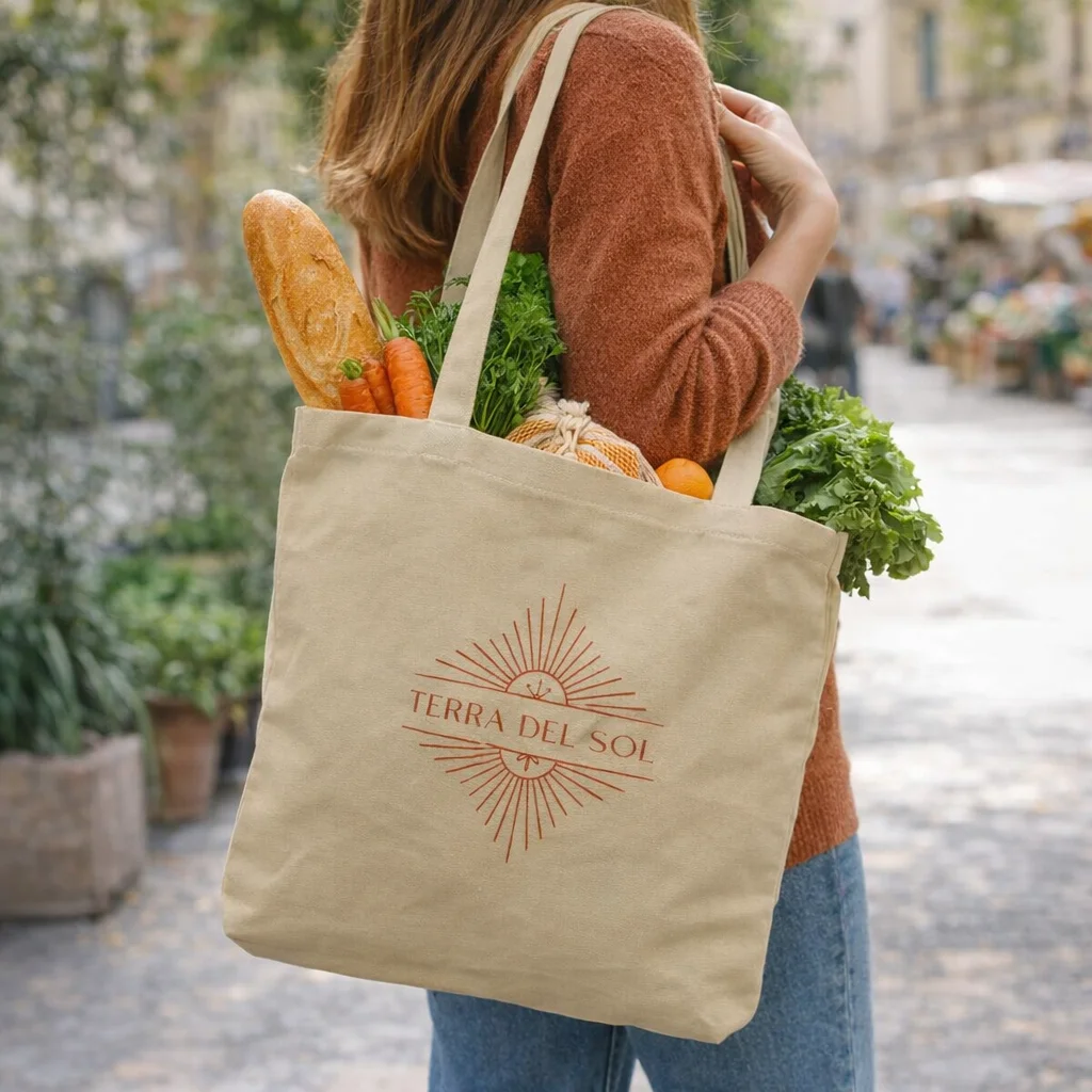 Woman carrying a Vistan Cotton Canvas Tote Bag with groceries on a city street.