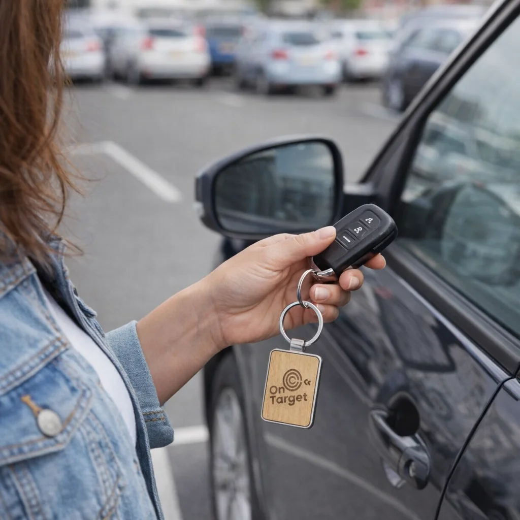 Person holding a car key with a Santo Wooden Rectangle Key Ring next to a parked car.