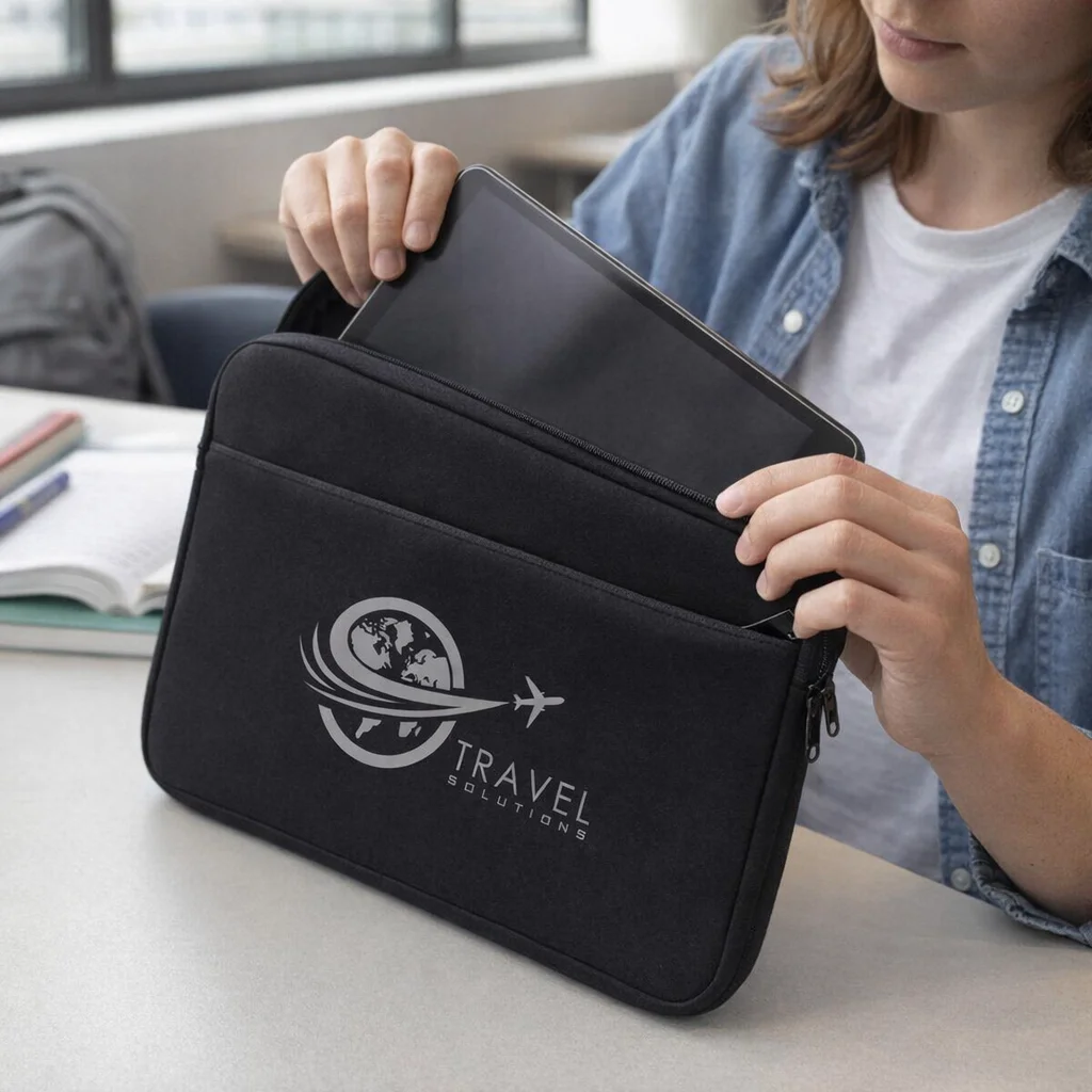 Person stores tablet in a Small Neoprene Device Sleeve at a desk with books.