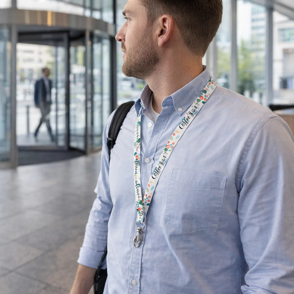 Man in light blue shirt wearing Palette Max Lanyards 16Mm, looking to the side in a modern lobby.