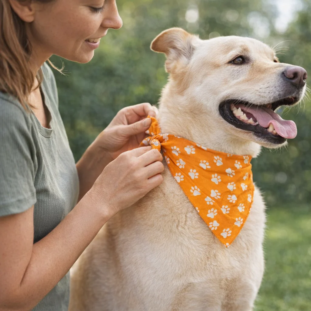 A woman ties a Sawyer Poly Pet Bandana Small with orange paw prints on her happy dog outdoors.