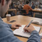 Taking notes with a Toledo Aluminium Ballpoint Pen at a library table, coffee and book nearby.