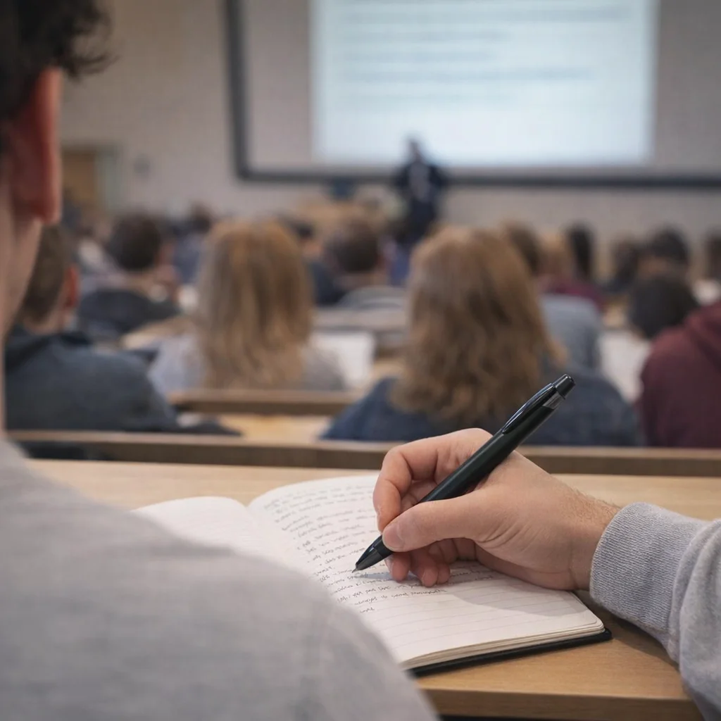 Student taking notes with Shiny Gunmetal Ballpoint Pens in a lecture hall, presentation blurred.