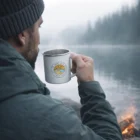 Person in a beanie holds Stainless Steel Camp Mugs by a misty lake with trees in the background.