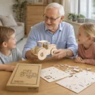 Grandfather shares Wooden Tractors collection with two smiling children at a table.