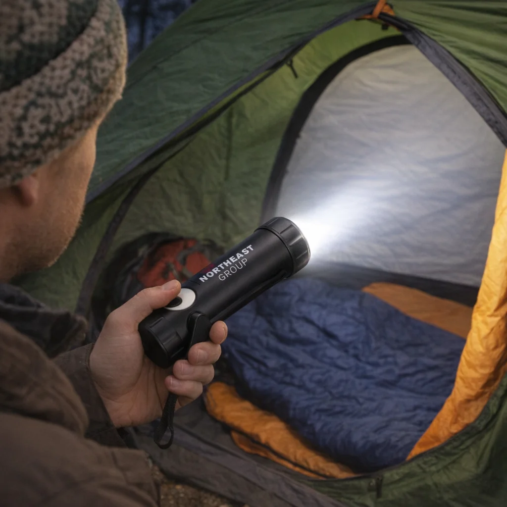 Person using a Rechargeable Crank Torch near a tent with sleeping bag, outdoors at night.