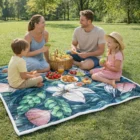 A family of four picnics on a Polyester Fleece Blanket in a sunny park.