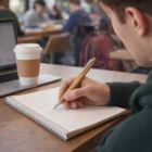 Someone writes in a notebook with a Wood Trim Pen at a café table, laptop and coffee nearby.