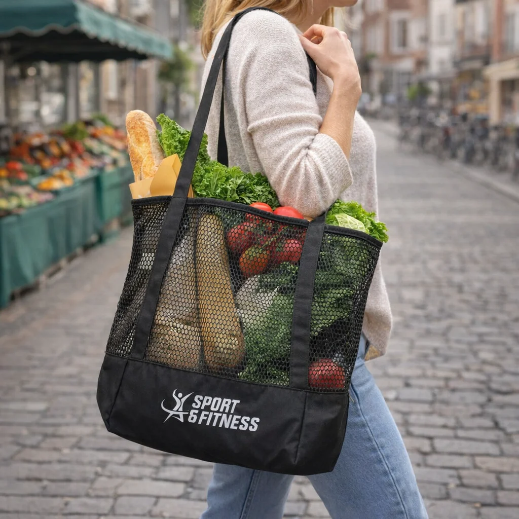 Person carrying Mesh Sports Tote Bags filled with groceries on a cobblestone street.