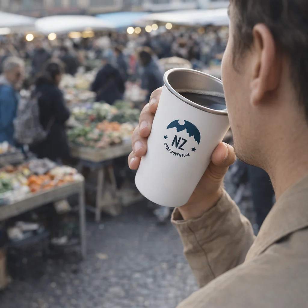 Someone holds a 480Ml Stainless Tumbler at an outdoor market with produce stands behind them.