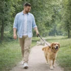 Man walking a golden retriever in a green park with Carry-Along Pet Waste Dispensers.