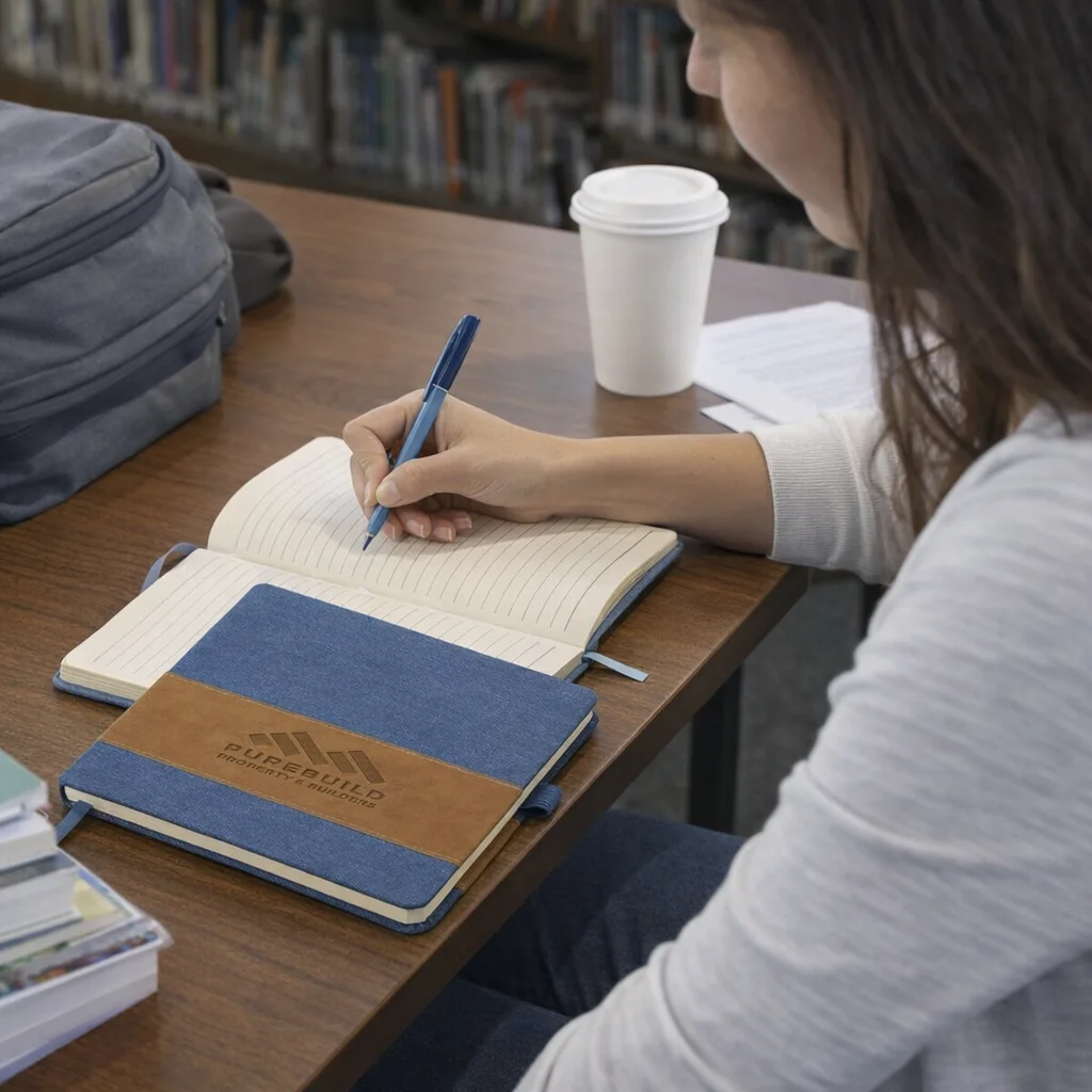 Woman writes in a Denim Finish Notebook at a table with coffee and her backpack nearby.