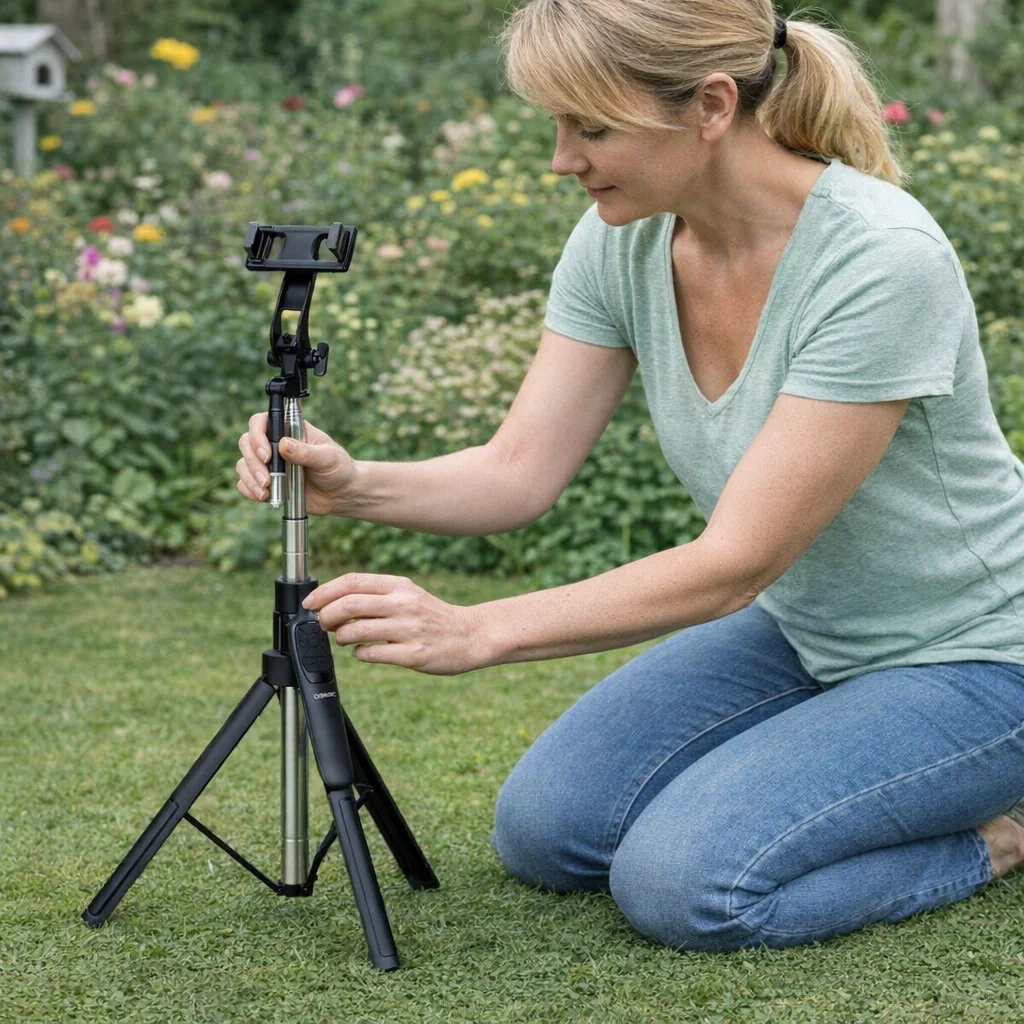 Woman sets up a Selfie Stick Tripod with phone holder in a garden.