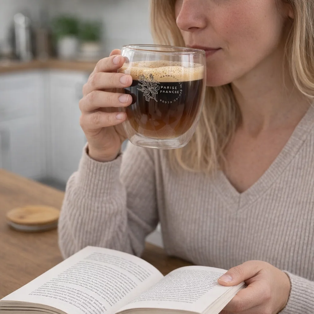 Woman enjoys coffee from Glass Coffee Cups while reading at a wooden kitchen table.