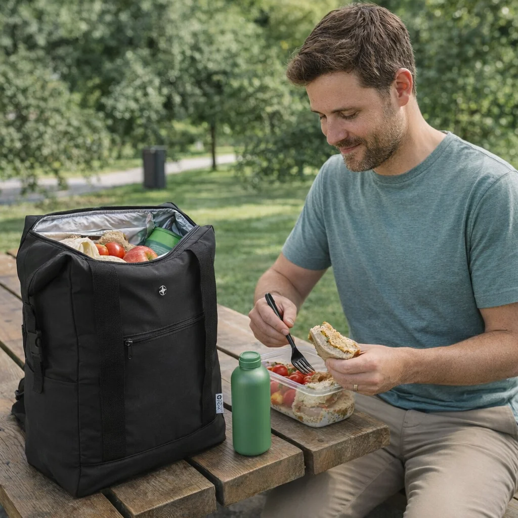 Man having lunch outdoors with a 23L Cooler Totepack and green water bottle at a picnic table.