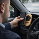 Man places phone on Bamboo Phone Holder with wireless charging for car air vents.