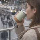 Woman sipping from a Vacuum Coffee Cup at a busy train station platform.