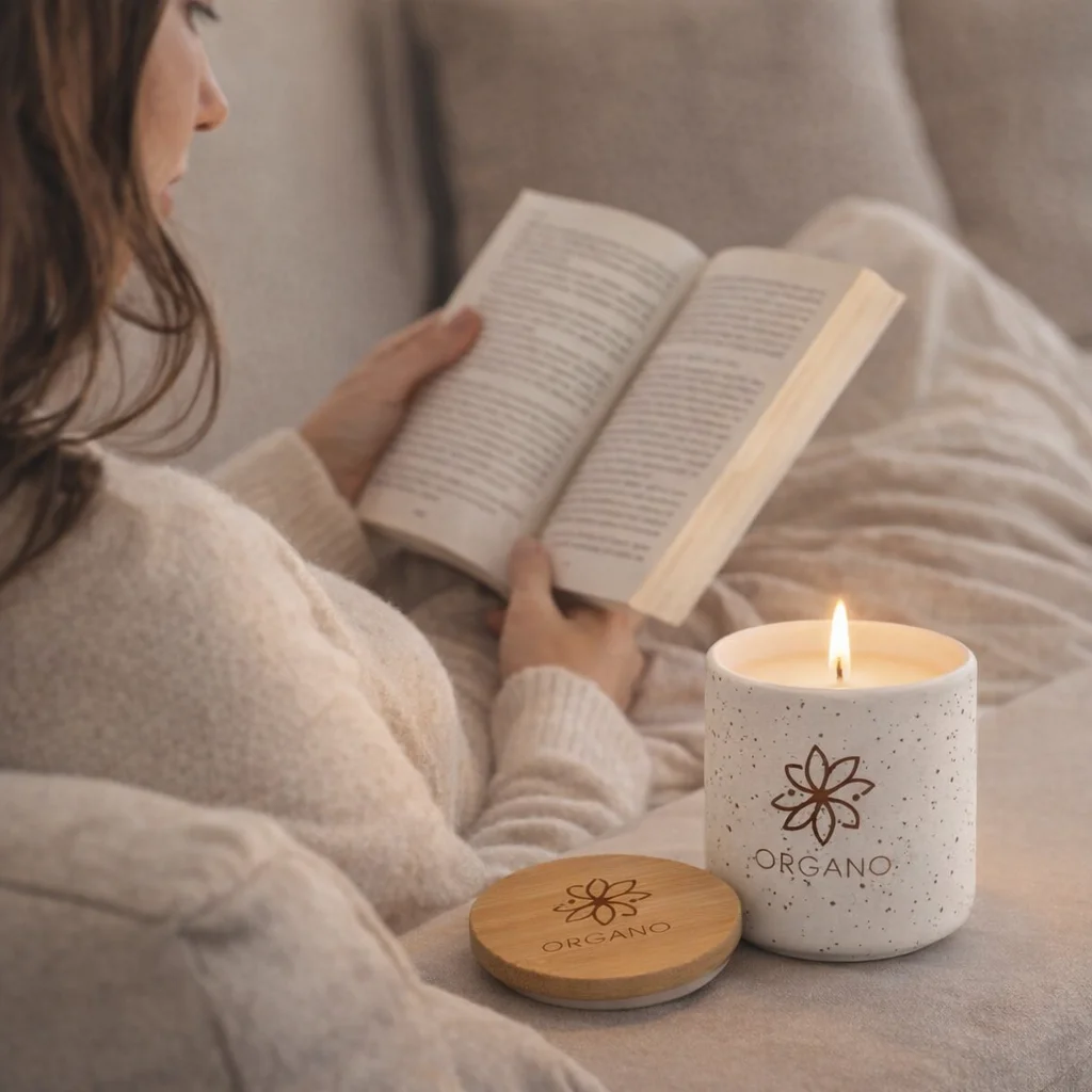 A person reads on a couch beside a lit 150G Candle With Lid in a white Organo jar.