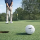 Soft Golf Balls near the hole as a golfer prepares to putt in the background.
