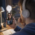 Person video calling with Handy Selfie Lights on phone, wearing headphones at a desk.