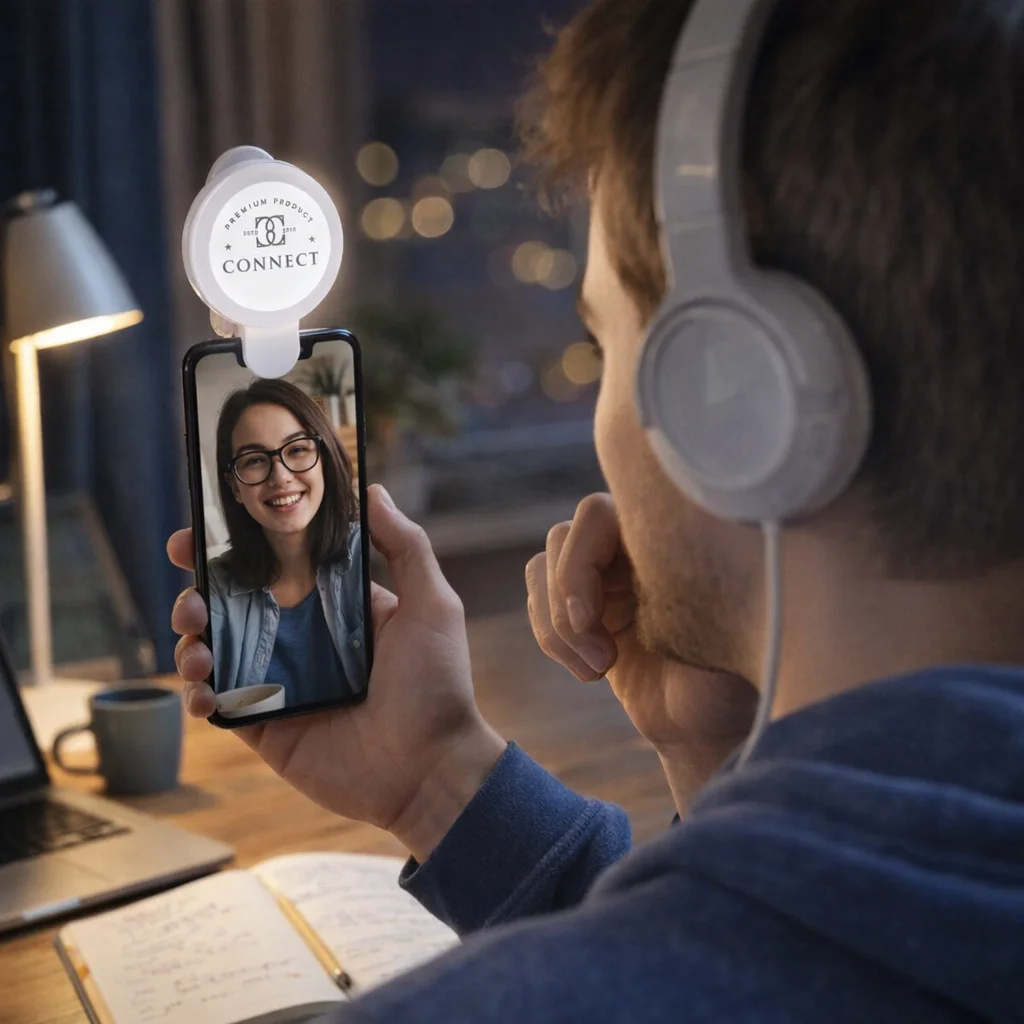 Person video calling with Handy Selfie Lights on phone, wearing headphones at a desk.