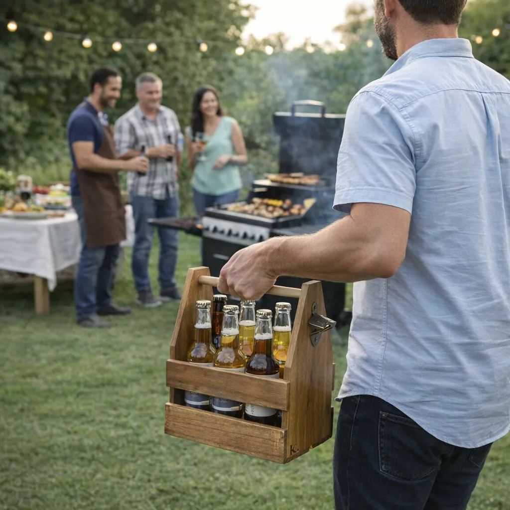Man carries Wood Beverage Caddy at outdoor barbecue with friends near food and grill.