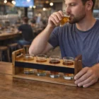 Man sampling beers from Wood Taster Trays at a wooden table.
