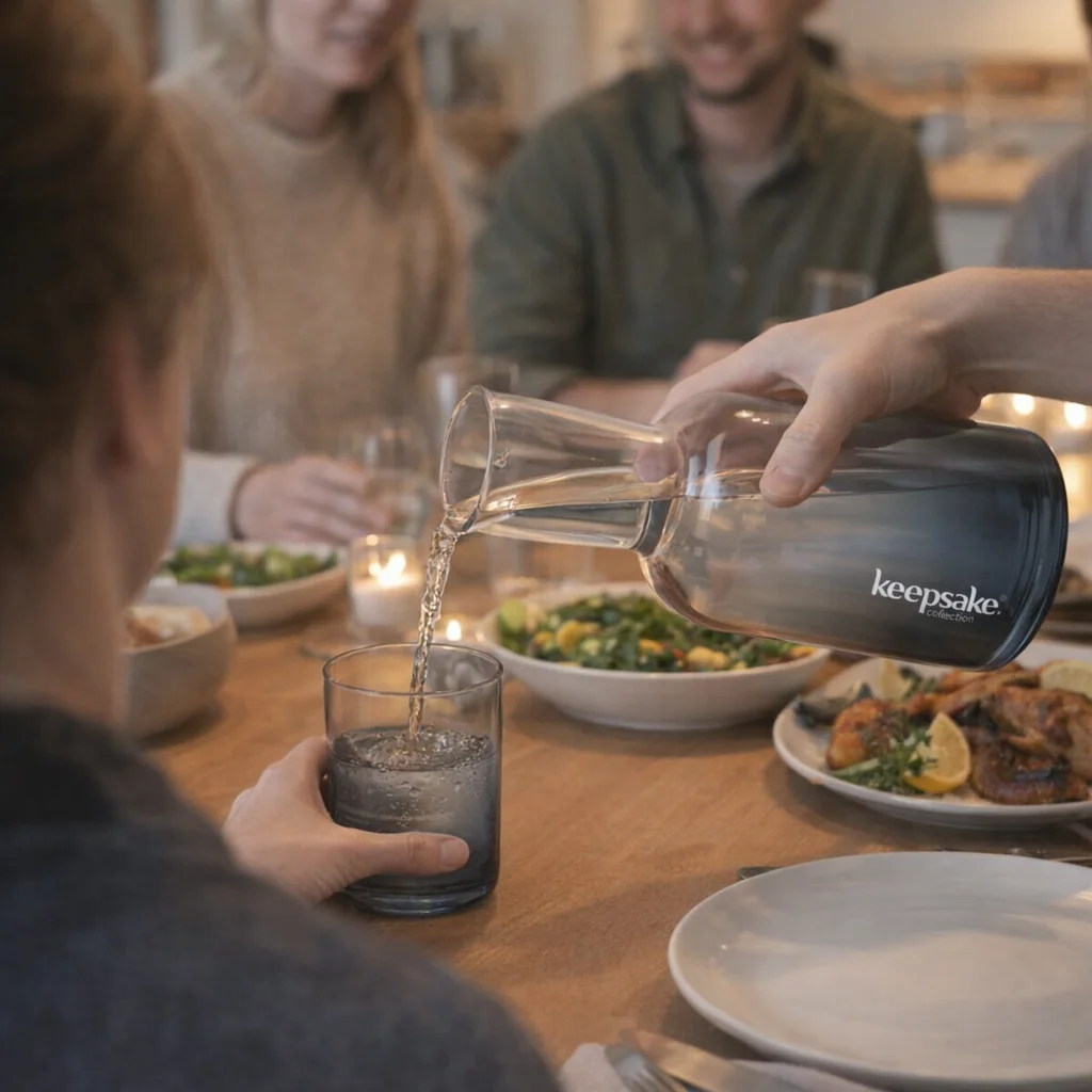 Someone pours water from the Dusk Carafe and Tumbler Sets at a dinner with friends.