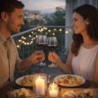 A couple toasts with the Dusk Wine Glasses Set Of 2 at a candlelit balcony dinner.