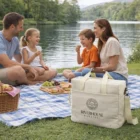 A family picnics by a lake with food and a 26L Cooler Tote Bag on their blanket.