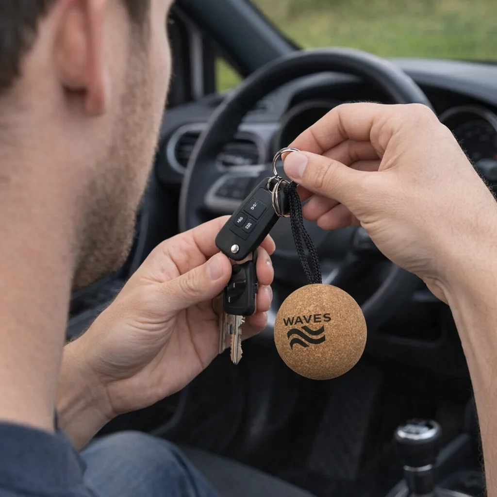 Person holding car keys with a Cork Key Ring inside a car.