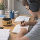 A person studies at a desk with books, headphones, and Bamboo Bluetooth Speakers nearby.