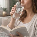 Woman reads a book, sipping water from Stylish Deco Glasses featuring the DropLeaf logo.