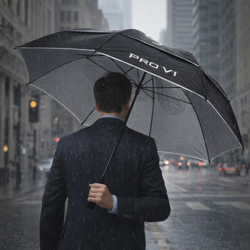 Man in a suit holds a Titleist Umbrella on a rainy city street.