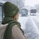 Person in green Acrylic Scarf And Beanie Sets waits at snowy bus stop as a bus approaches.