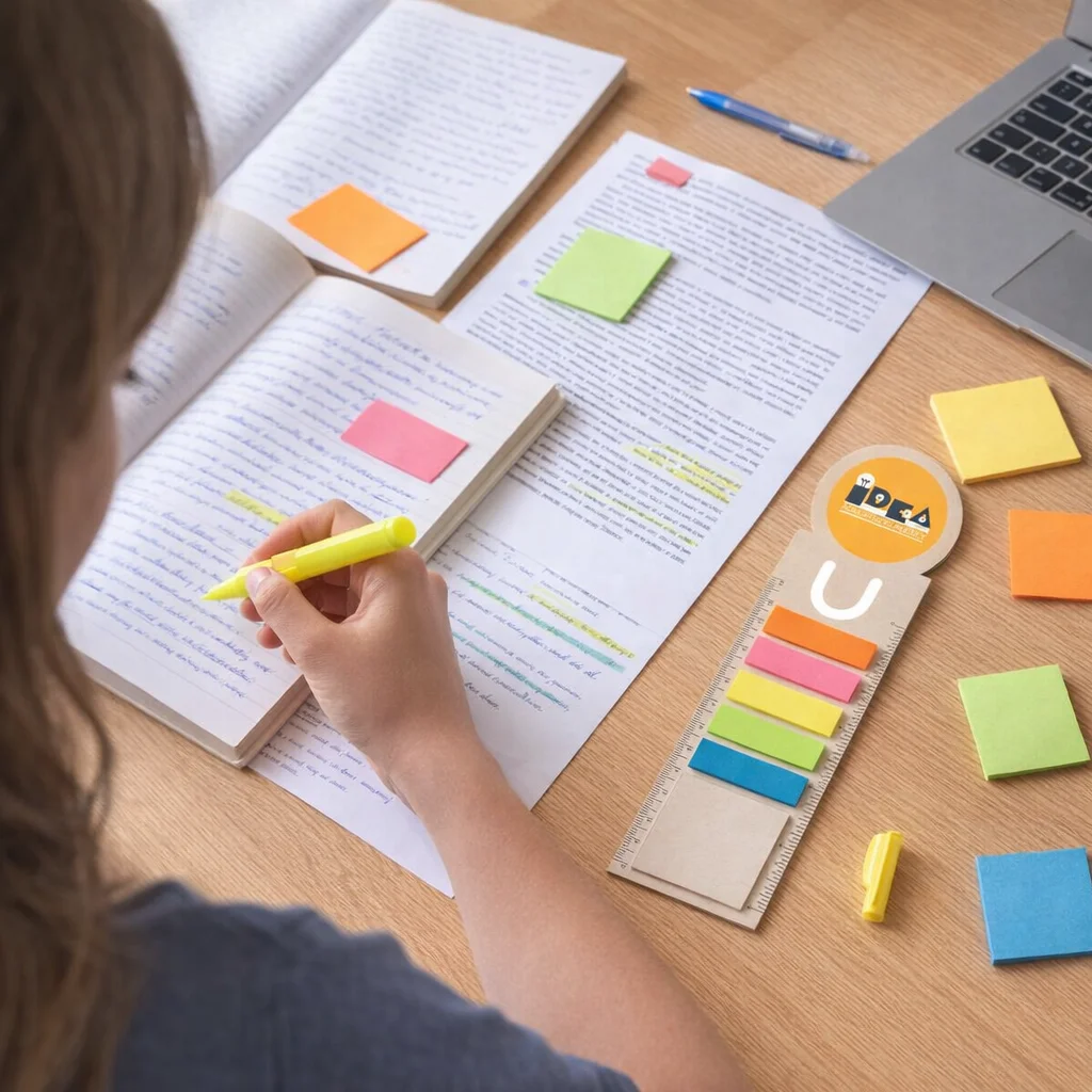 Person highlights notes with colorful sticky notes and Milk Carton Bookmarks Circle on a desk.