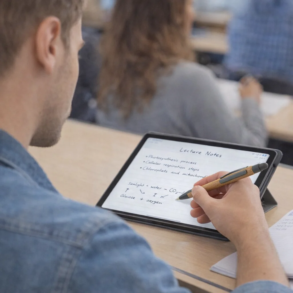 Person taking handwritten notes on a tablet with a Rhys Bamboo Stylus Pen during class.