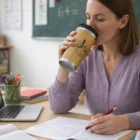 Woman in purple sweater sips from a Lennox Double Wall Cup while working at her desk.