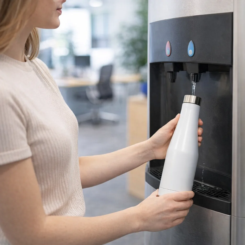 A woman fills a Wesley Vacuum Bottle at an office water cooler.