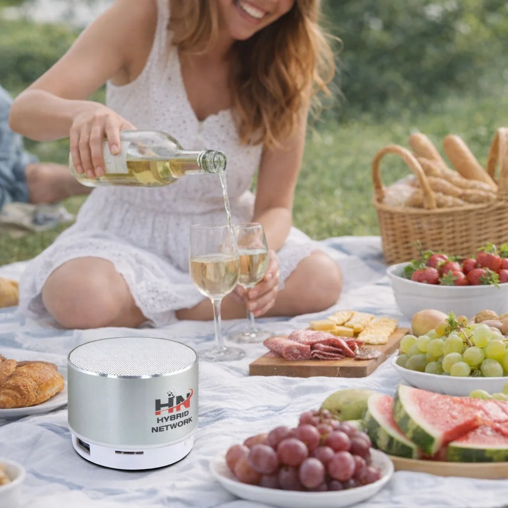 Woman pours white wine at a picnic with fruit, cheese, and an Adler Bluetooth Speaker nearby.