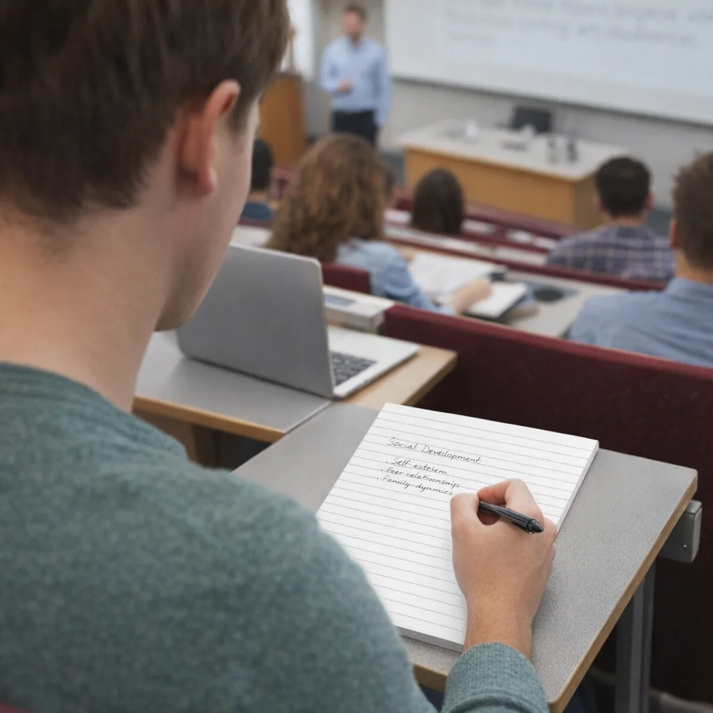 Student taking notes on Caspian Office Note Pads A5 - Lines On One Side in a lecture hall.