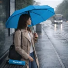 Woman with blue Hurricane City Sienna Umbrella waits at bus stop as rain falls.